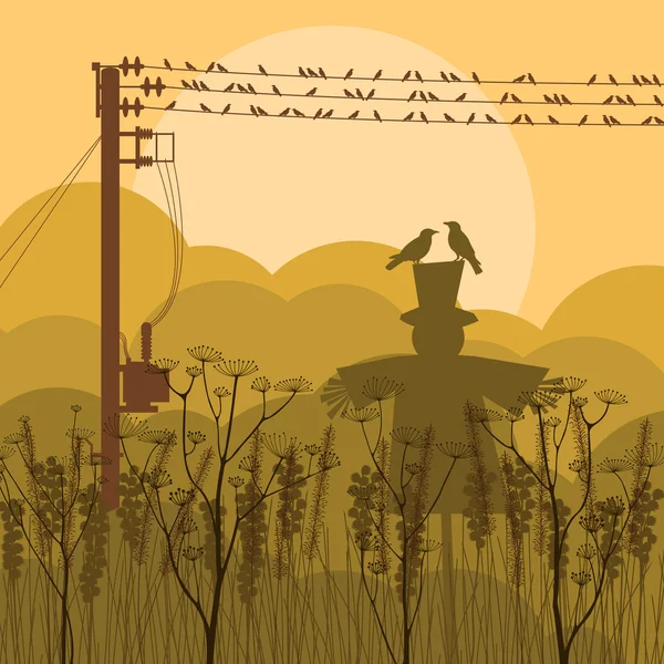 Aves sobre alambres en otoño paisaje paisaje paisaje fondo ilustración — Vector de stock