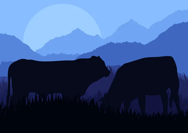 Яловича худоба в дикій природі пейзажна ілюстрація — стоковий вектор