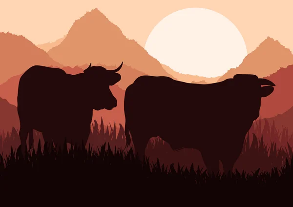 쇠고기 가축 야생 자연 풍경 그림 — 스톡 벡터