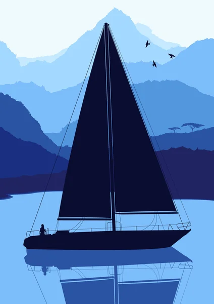 Jacht segelt in Wolkenkratzer Stadtlandschaft Illustration — Stockvektor