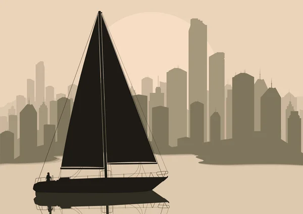 Yacht sailing in skyscraper city landscape illustration — Stock Vector