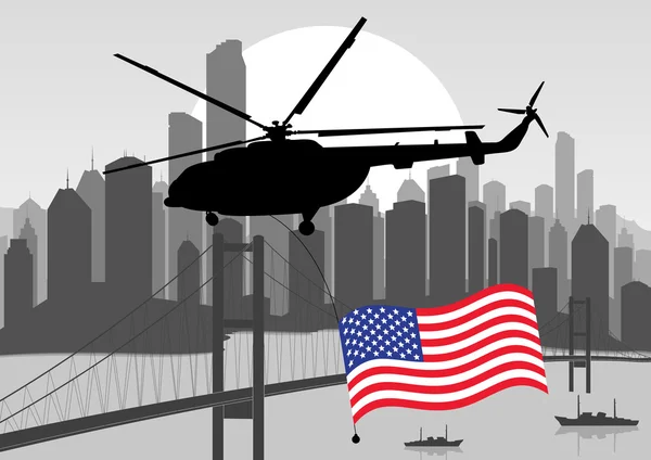Hélicoptère avec drapeau des États-Unis dans gratte-ciel ville paysage arrière-plan illustrati — Image vectorielle