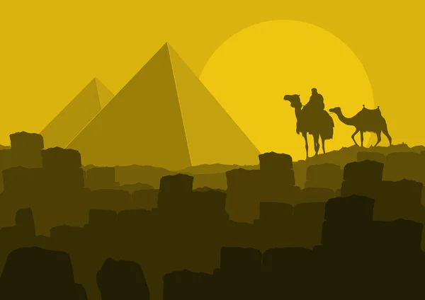 Camello caravana en salvaje África pirámides paisaje fondo ilustración — Vector de stock