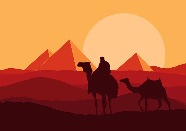 Cammello carovana in Africa selvaggia piramidi paesaggio sfondo illustrazione — Vettoriale Stock