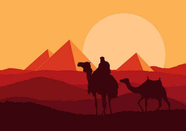 Camel caravan in wild Africa pyramids landscape background illustration