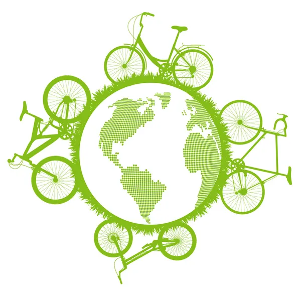 Verde bicicleta ecológica conducción planeta vector concepto de fondo — Vector de stock
