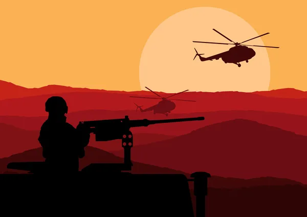 사막 풍경 배경 그림에 육군 군인 — 스톡 벡터