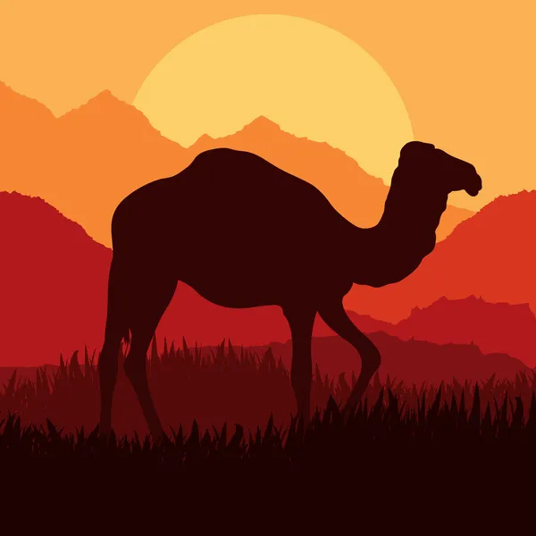 Caravana de camelo na África selvagem pirâmides paisagem fundo ilustração —  Vetores de Stock