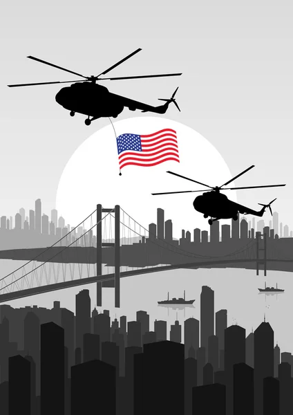 Vrtulník s vlajkou usa v mrakodrapu city krajinné pozadí illustrati — Stockový vektor