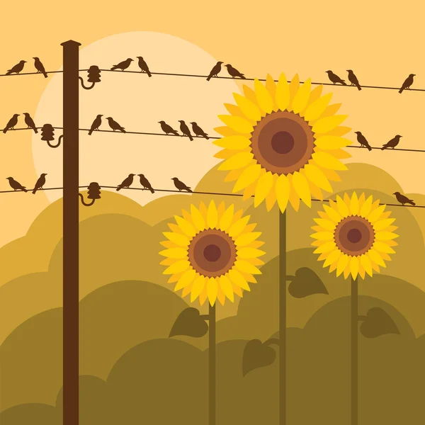 Fåglar på trådarna i höst landsbygd landskap bakgrund illustration — Stock vektor