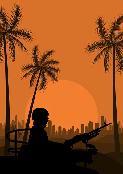 Army soldier in desert landscape background illustration — Stock Vector