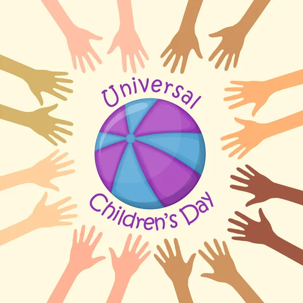 Mani a colori intorno alla palla, giornata universale dei bambini — Vettoriale Stock