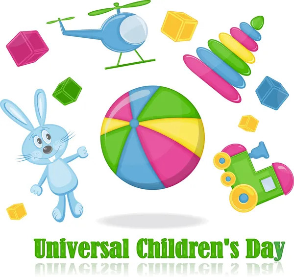 Diferentes juguetes alrededor de la pelota, día universal de los niños Gráficos vectoriales