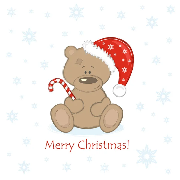 Urso de Natal Teddy no sino vermelho com doce — Vetor de Stock