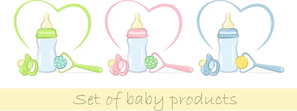 Conjunto de productos para bebés en colores suaves, ilustración vectorial — Vector de stock