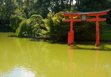 Japon bahçesi ve kırmızı bir zen kule gölet.