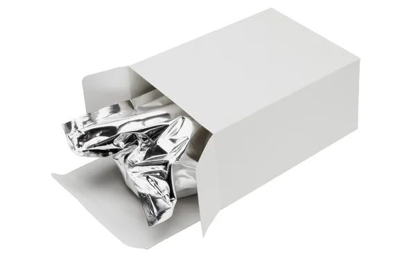 Aluminum foil bag in paper box — Stock Photo, Image