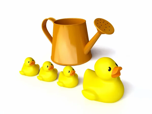 Funny Toy Ducklings perto de regar pode — Fotografia de Stock