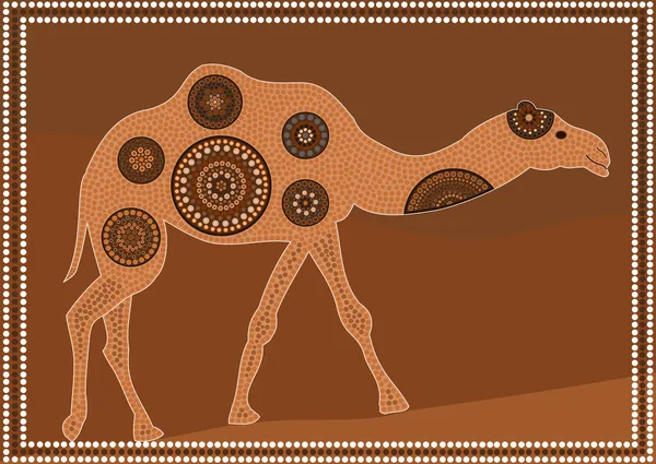 Illustration based on aboriginal style of dot painting depicting dromedary — Stock Vector