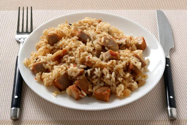 Ryż z mięsem na talerzu — Zdjęcie stockowe