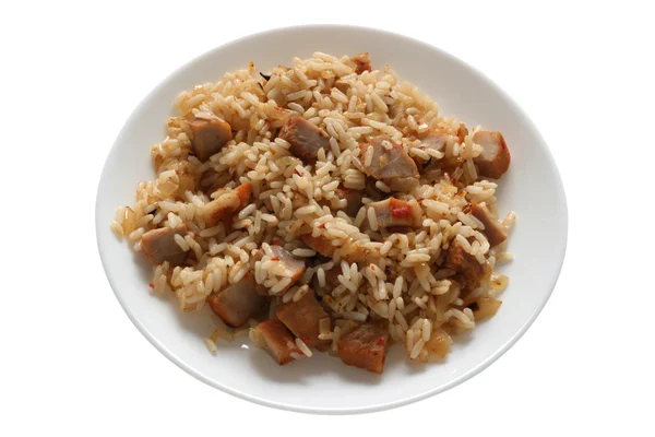 Ryż z mięsem na talerzu — Zdjęcie stockowe
