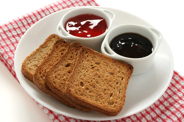 Pane tostato con marmellata in piccole bocce — Foto Stock
