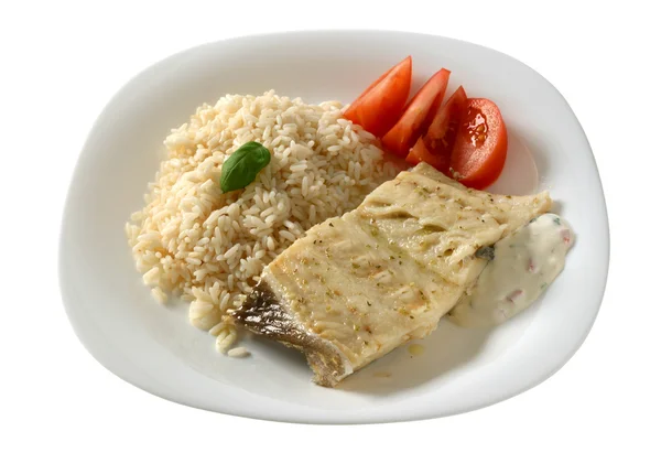 水稻和酱汁银鳕鱼 — 图库照片