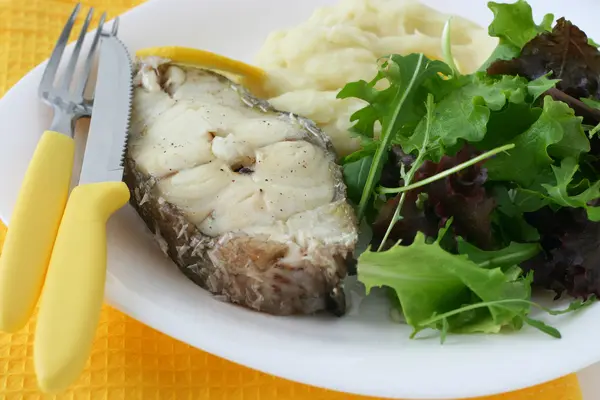 Peixe cozido com purê de batata — Fotografia de Stock