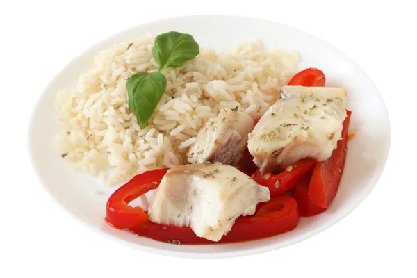 Boiled fish with boiled rice and pepper — Stock Photo, Image