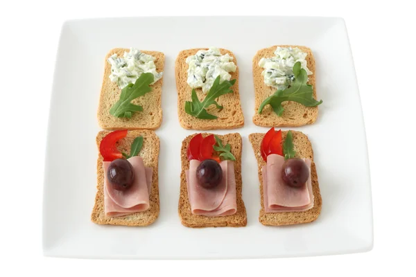 Toasts with ham and dip — Stock Photo, Image