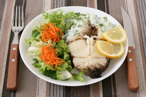 Boiled fish with salad and sauce — Stock Photo, Image