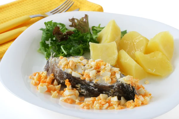 Gotowane ryby z jajkiem i gotowanych ziemniaków — Zdjęcie stockowe