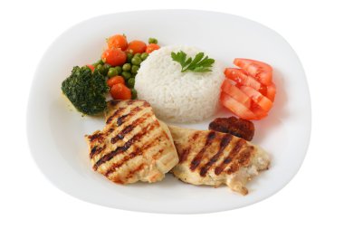 Grilled pork with boiled rice and vegetables clipart