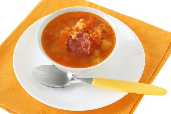 Lentil soup with sausages in an white bowl — Stock Photo, Image