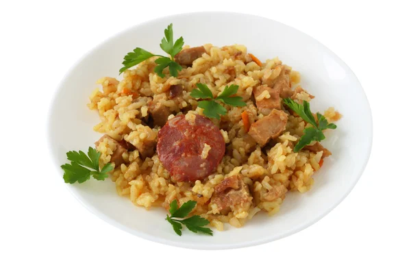 Rice with pork, sausages and parsley — Stock Photo, Image