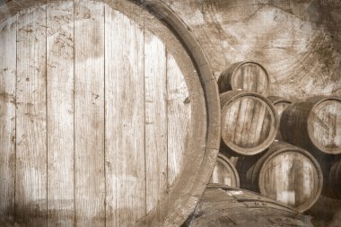 Old wine casks in vintage stile, background clipart