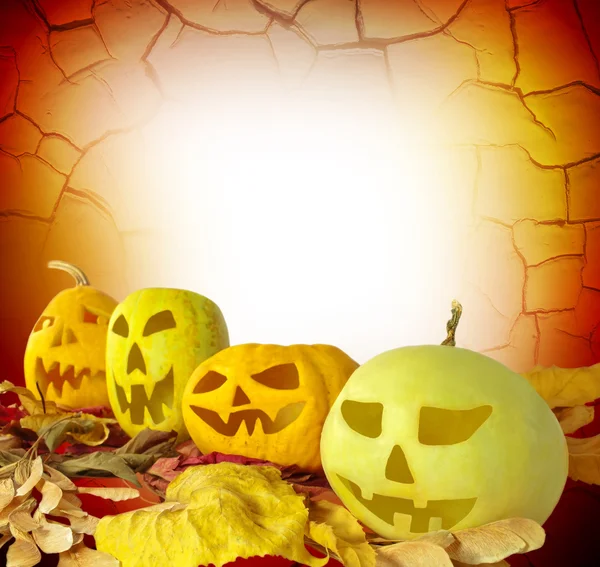 Abóbora de Halloween em folhas de outono — Fotografia de Stock