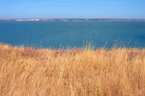 Gul torr gräsplan, blått hav och himmel, Kertj, Krim, Ukraina — Stockfoto
