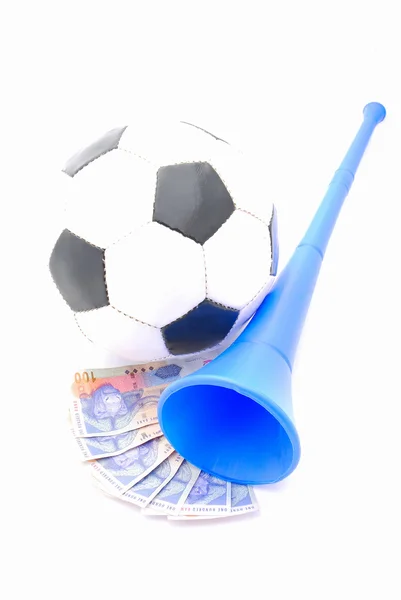 Piłka nożna, pieniądze, vuvuzela — Zdjęcie stockowe