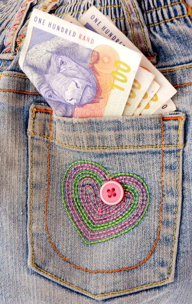 Χρήματα σε μπλε τσέπη τζιν — Φωτογραφία Αρχείου