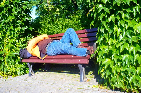 Homless 男子睡在长椅上 — 图库照片