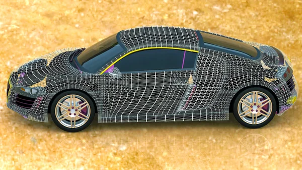 3D bilmodell tråd på vit bakgrund — Stockfoto