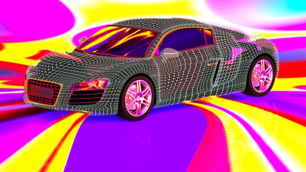 3D bilmodell tråd på vit bakgrund — Stockfoto
