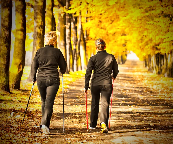 Две женщины в парке - скандинавская ходьба — стоковое фото