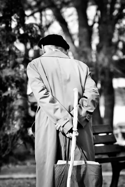 Äldre frailed senior promenader i parken — Stockfoto
