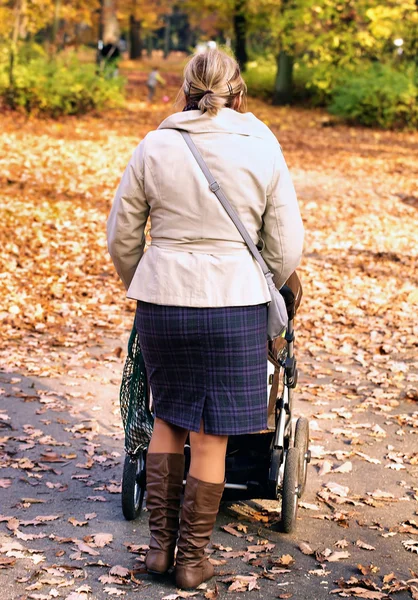 Sonbahar bir parkta yürüyen çocuk arabası ile anne — Stok fotoğraf