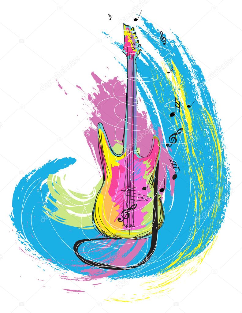 Illustrazione disegnata a mano colorata di chitarra elettrica creata e stile pittorico molto artistico per il vostro disegno isolato su bianco