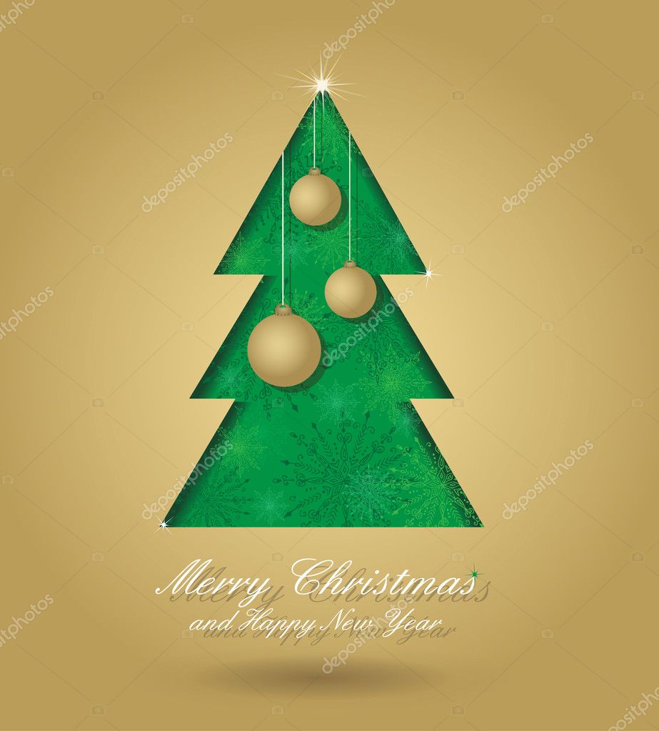 Cartolina di Natale con albero di Natale verde e palle d oro formata da carta cartolina di Natale con ornamento senza soluzione di continuit 