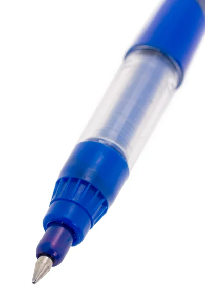 Blauwe glanzende pen uitgedrukt op witte achtergrond — Stockfoto
