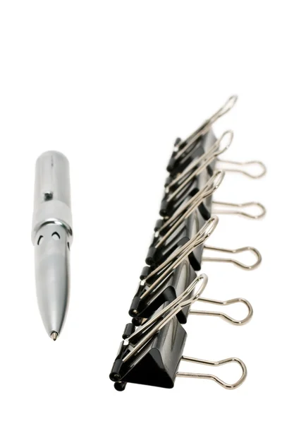 Metallic pen & binder clips — Stock Photo, Image